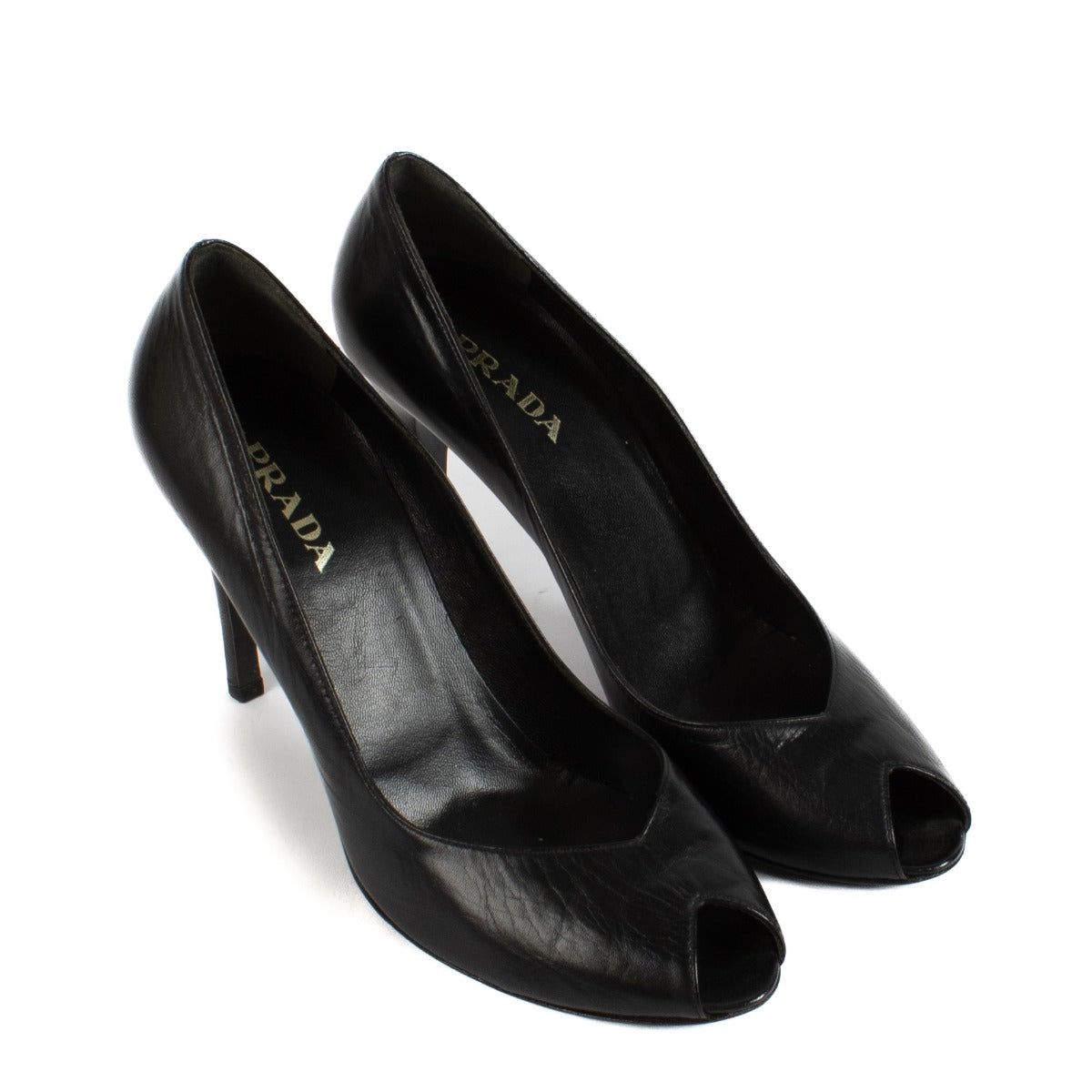 Prada Black Leather Open Toe Pumps