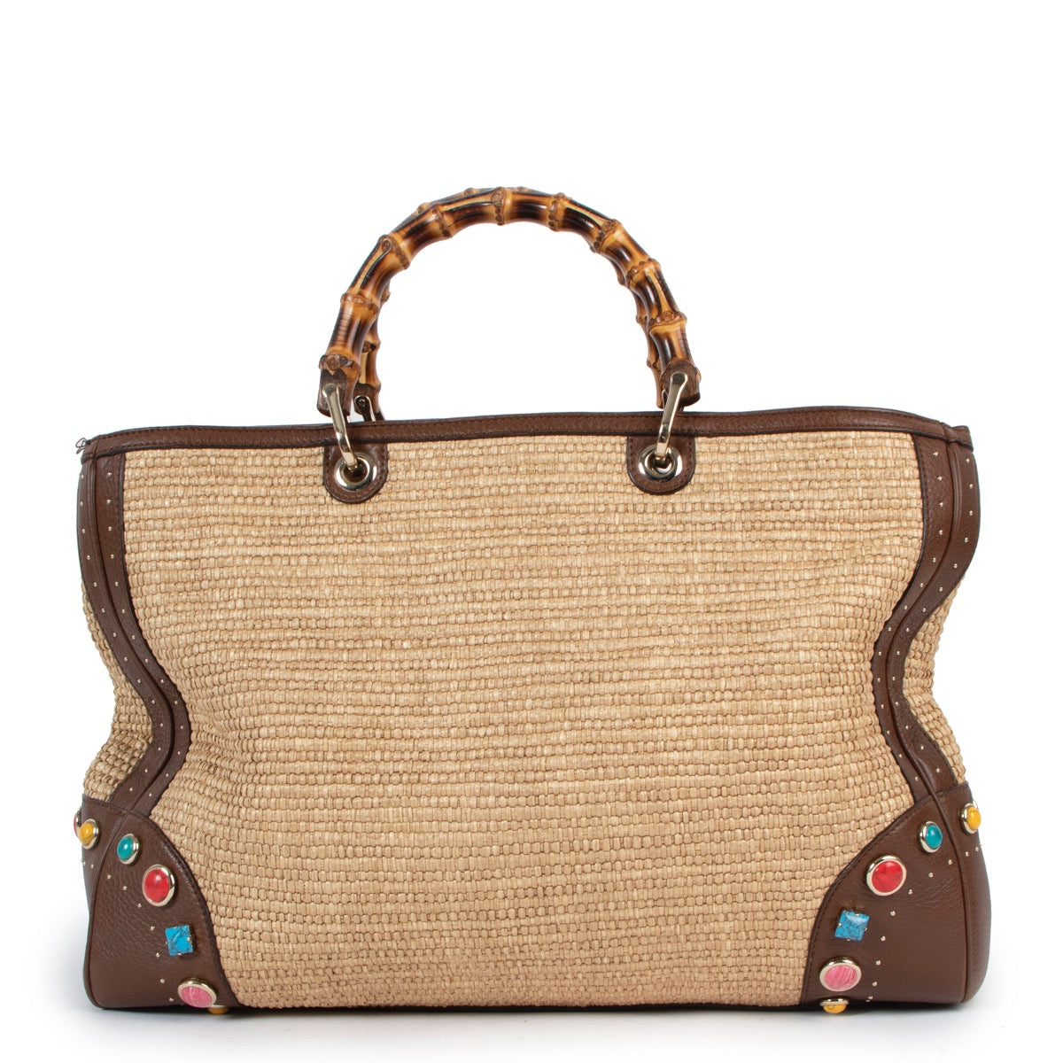 Shop safe online at Labellov in Antwerp this 100% authentic second hand Gucci Raffia Bamboo Top Handle Shopper
