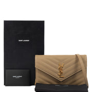 Shop safe online at Labellov in Antwerp, Brussels and Knokke this 100% authentic second hand Saint Laurent Dark Beige Cassandre Matelassé Envelope Chain Wallet Crossbody
