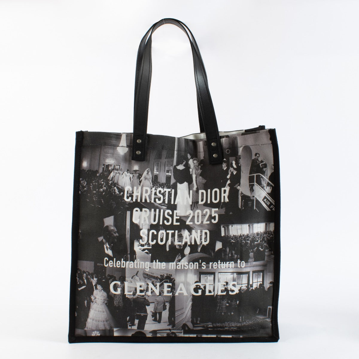 Christian Dior Cruise 2025 printed canvas tote bag with black leather handles at Labellov.com