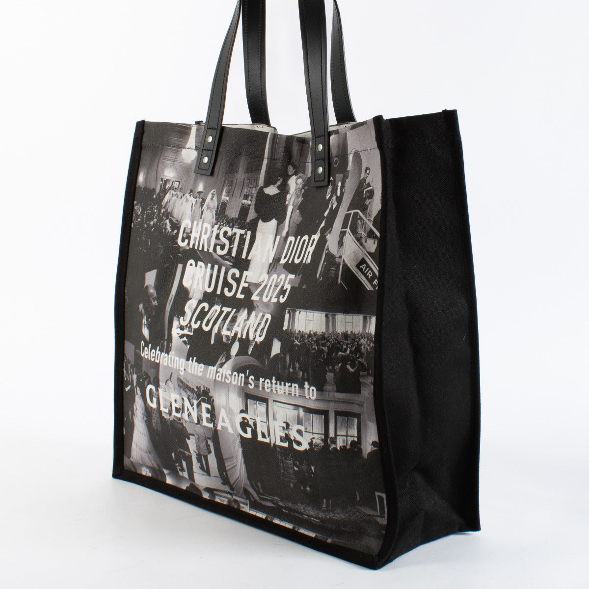 Christian Dior Cruise 2025 printed canvas tote bag with black leather handles at Labellov.com