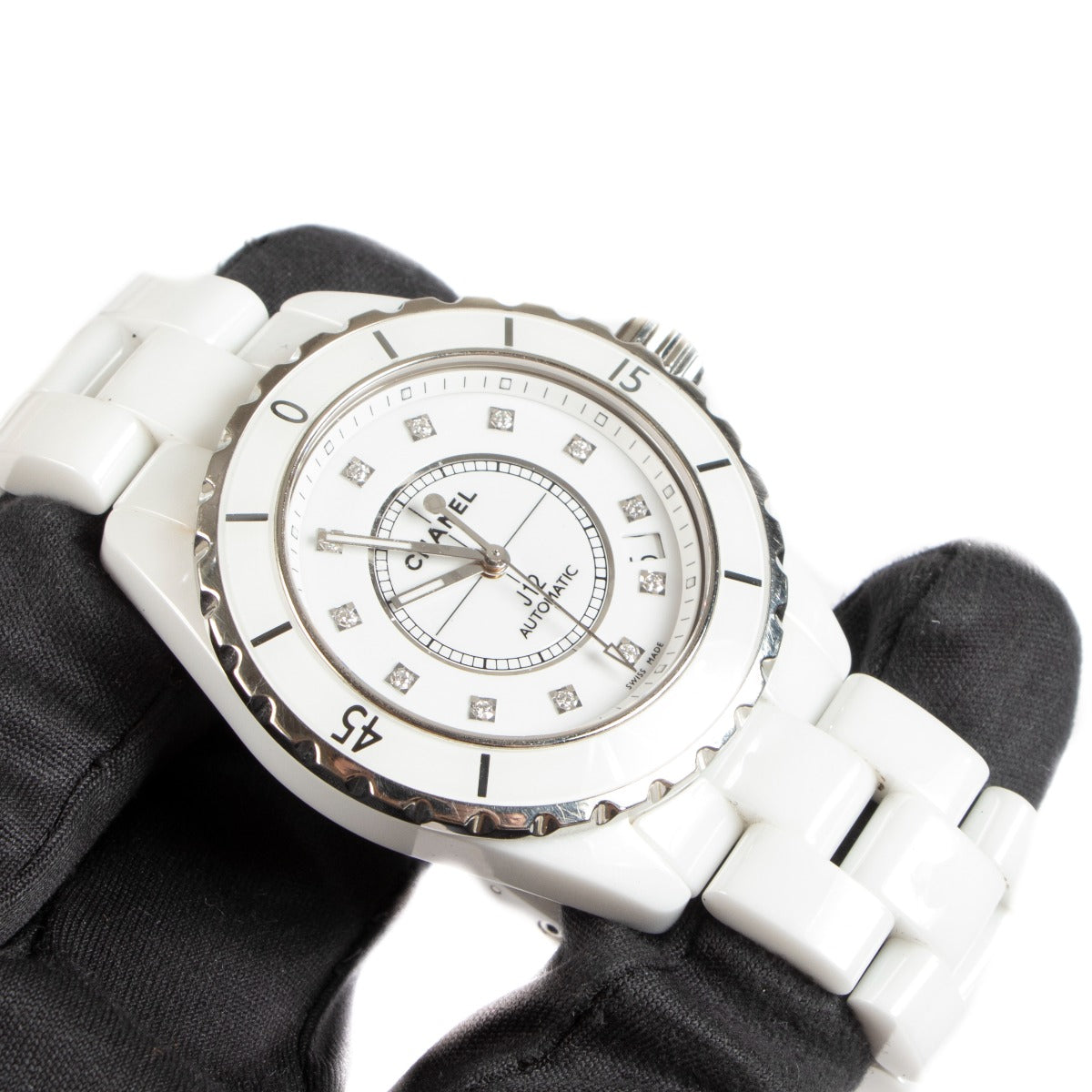 Authentic Second hand Chanel White Ceramic J12 Diamonds 33mm Watch on www.labellov.com