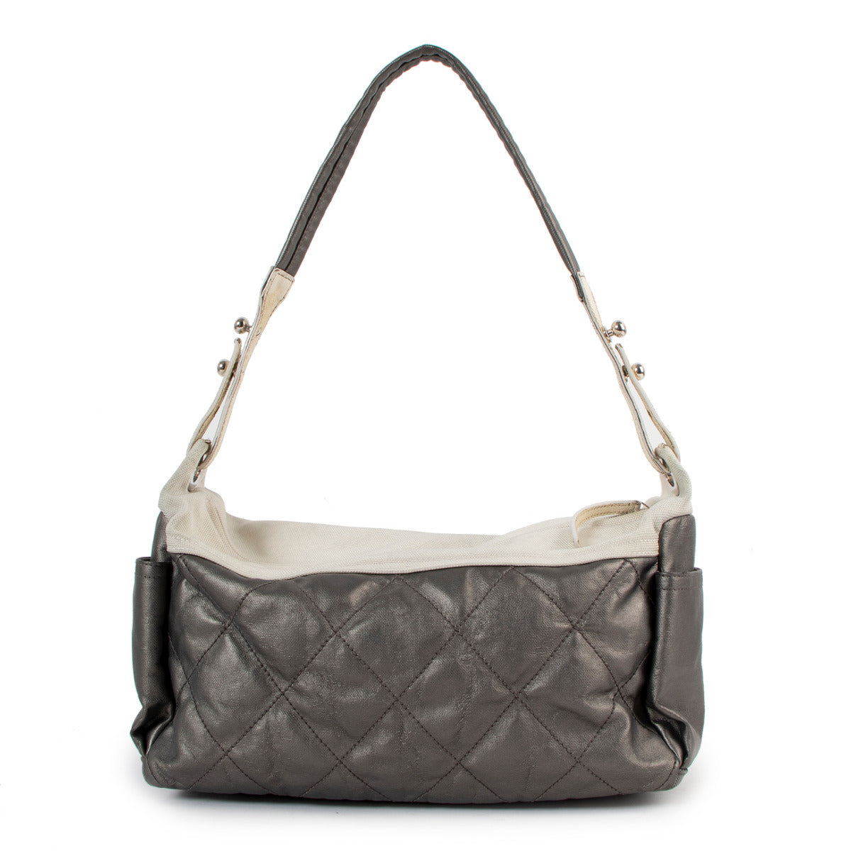 Chanel Large Silver and Cream Quilted Biarritz Paris Shoulder Bag