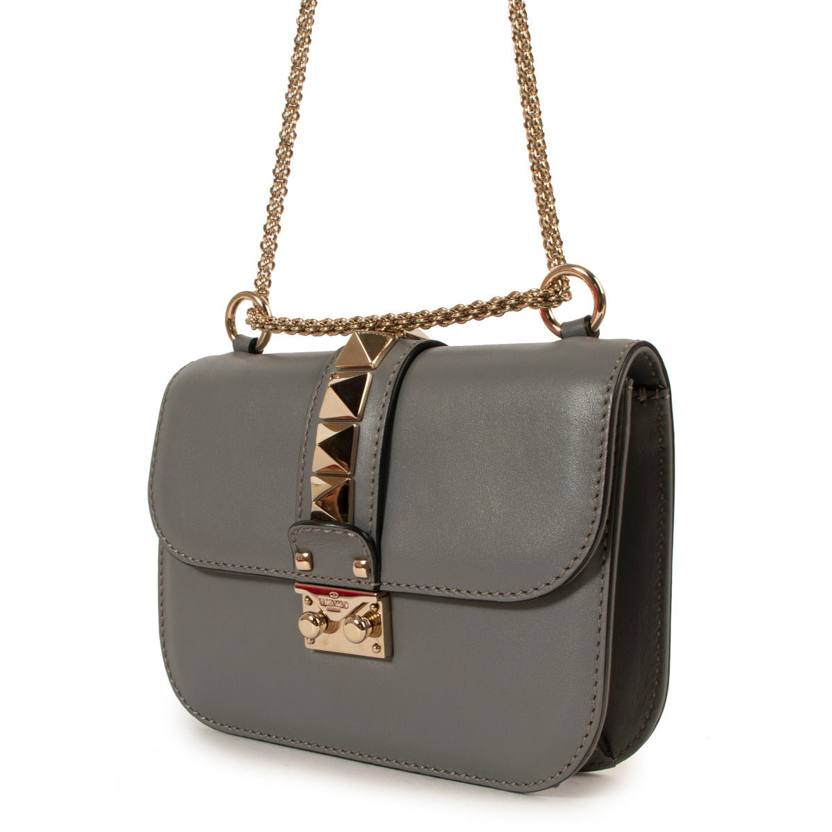 Valentino Garavani Small Grey Glam Lock Shoulder Bag for sale at Labellov secondhand luxury in Antwerp designer vintage shop