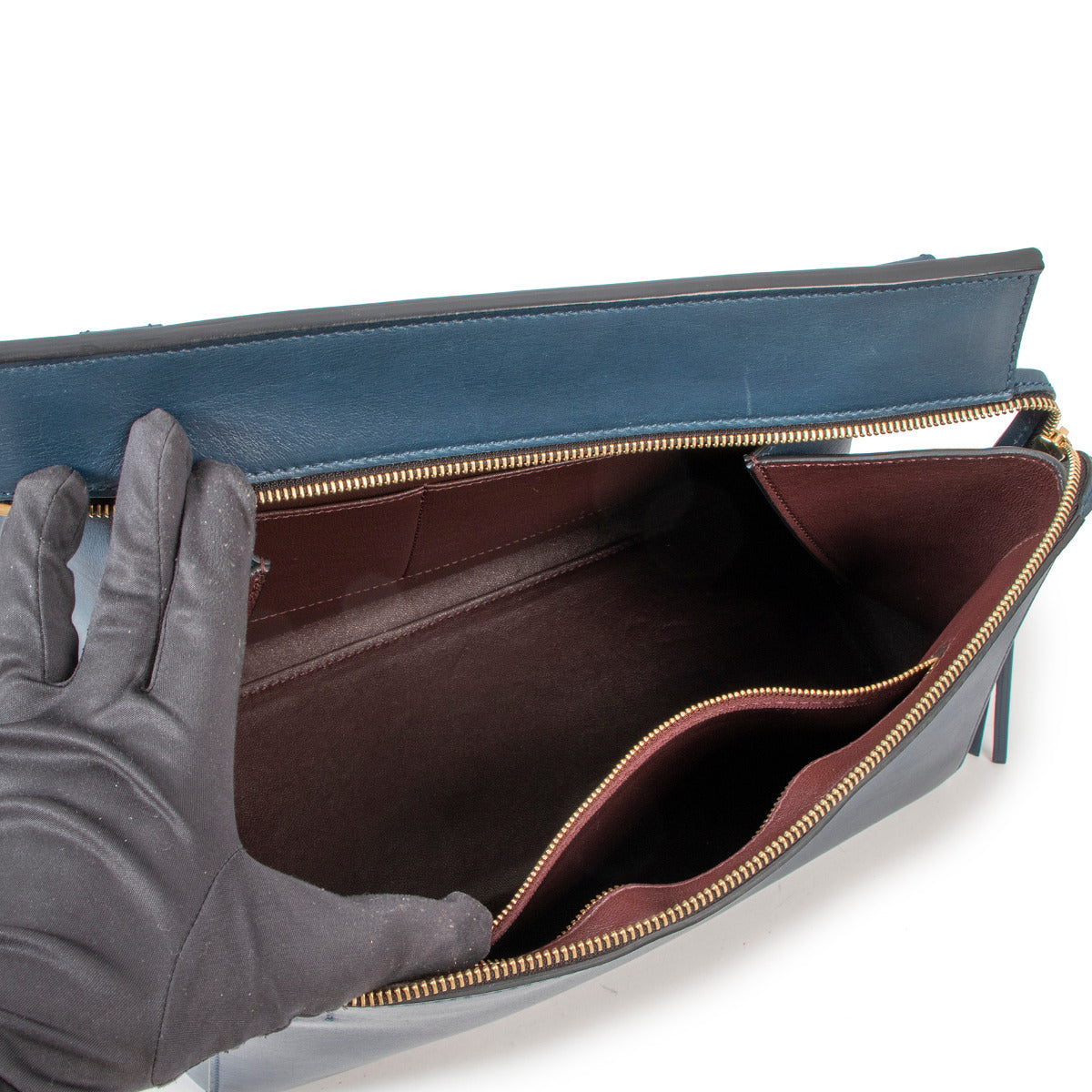 Celine Deepsea Blue Medium Edge Top Handle Bag inside view of the bag