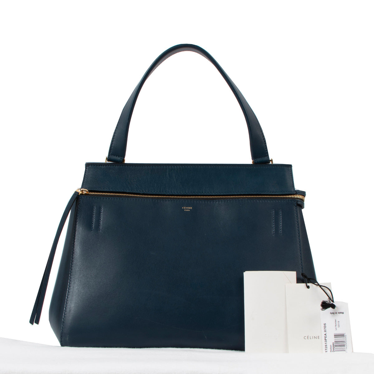 Celine Deepsea Blue Medium Edge Top Handle Bag complete with dust bag and booklet available with direct shipping or free pickup in Antwerp Brussels Knokke with Labellov luxury designer vintage shop