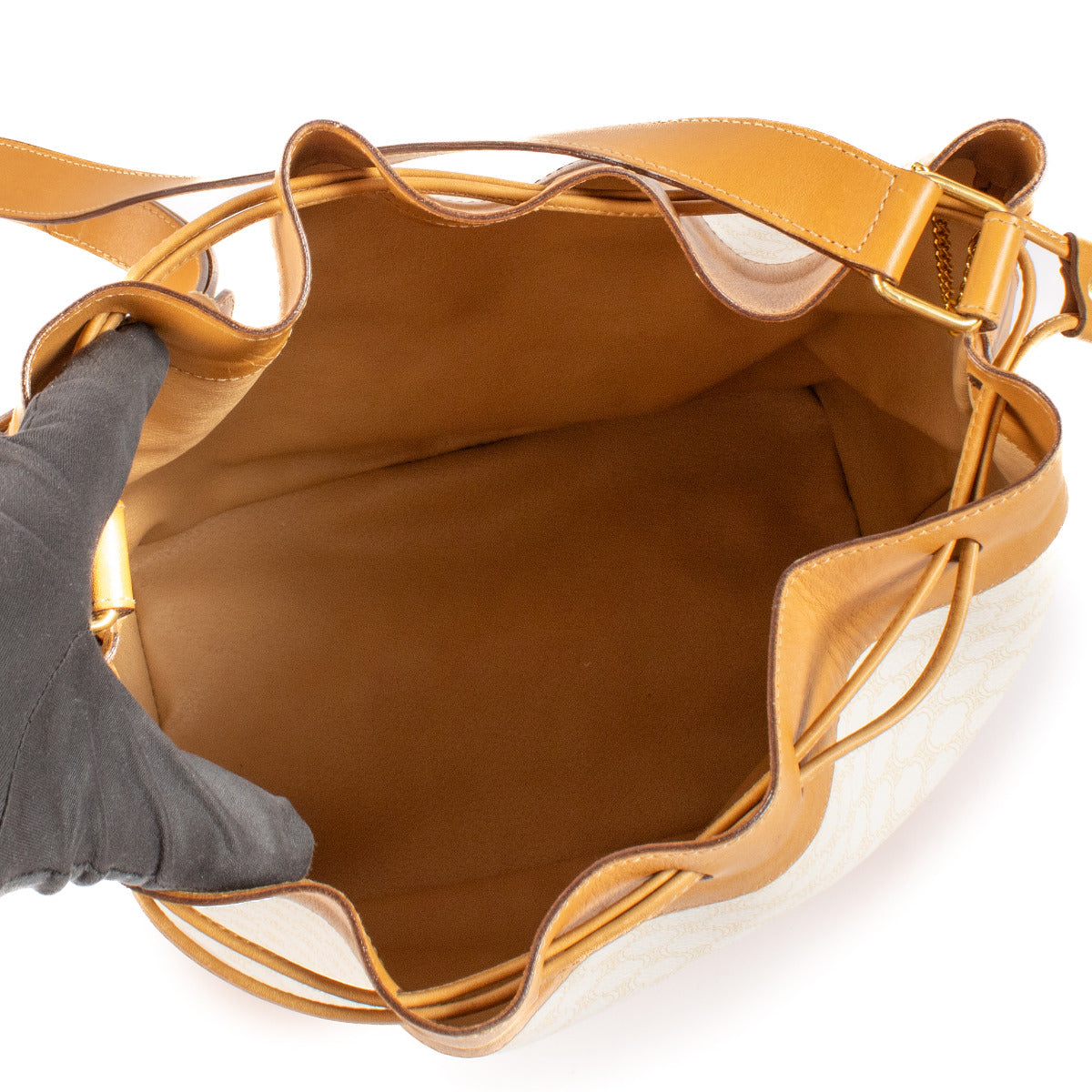 Celine Vintage White/Camel Macadam Triomphe Canvas Bucket Bag