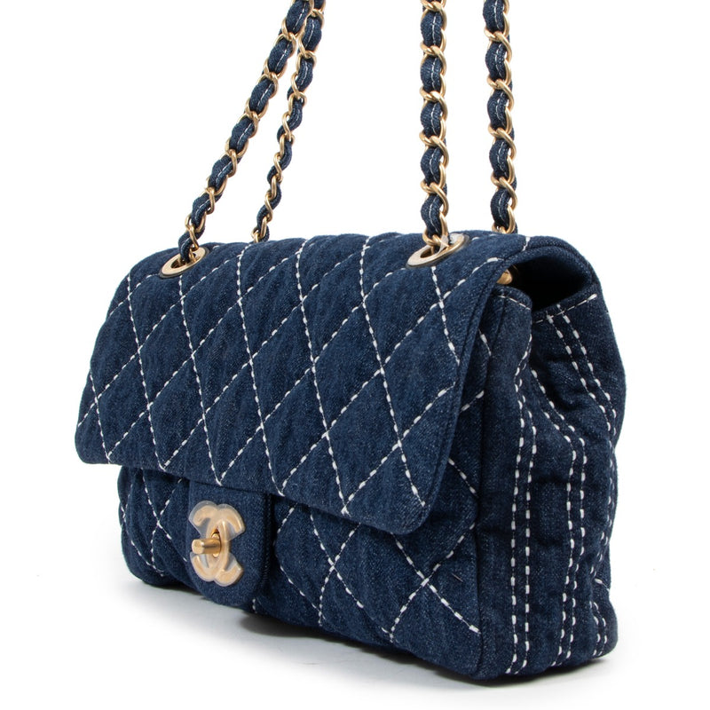 buy authentic second hand luxury designer vintage chanel denim classic flap bag by chanel antwerp, chanel brussels, chanel knokke