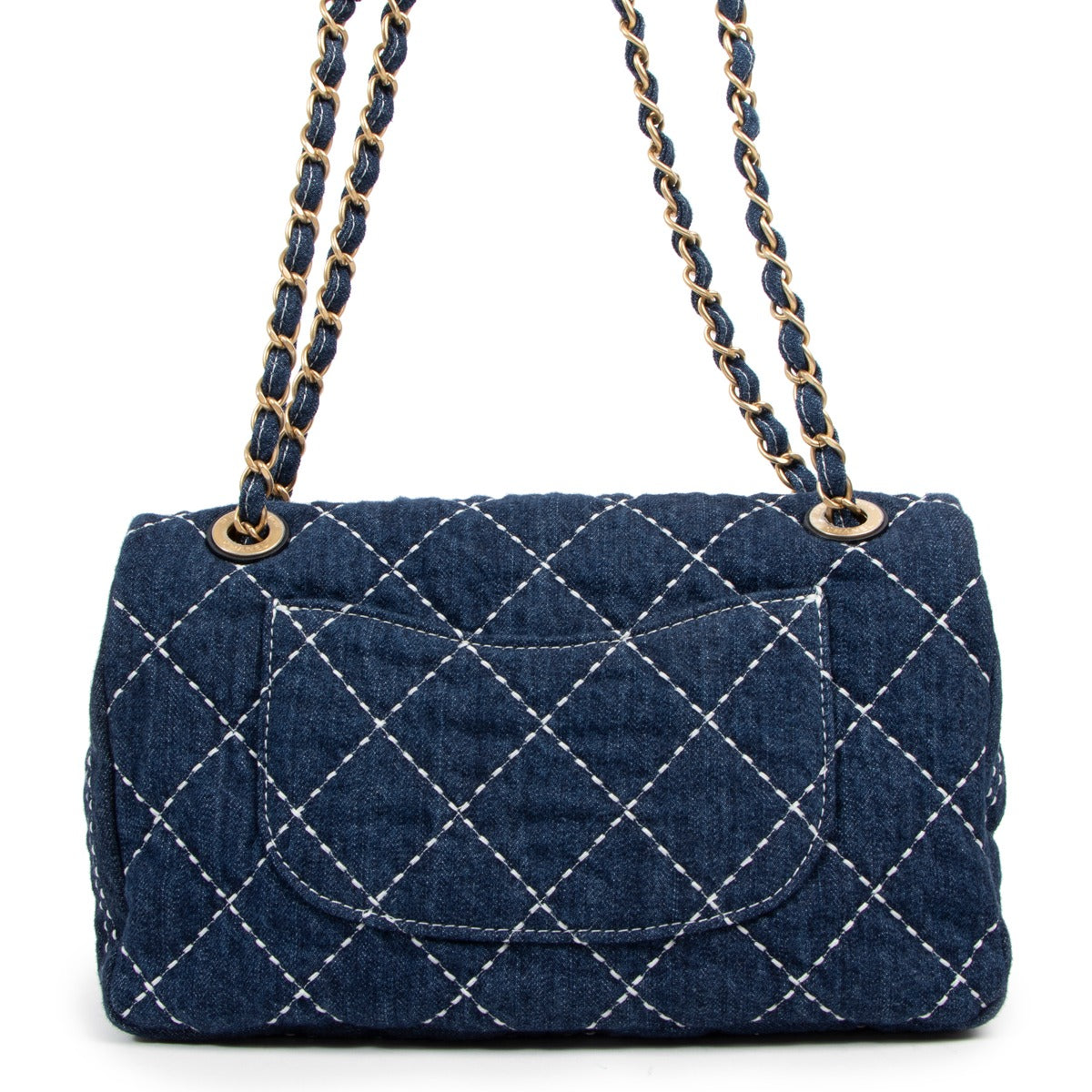 buy authentic second hand luxury designer vintage chanel denim classic flap bag by chanel antwerp, chanel brussels, chanel knokke