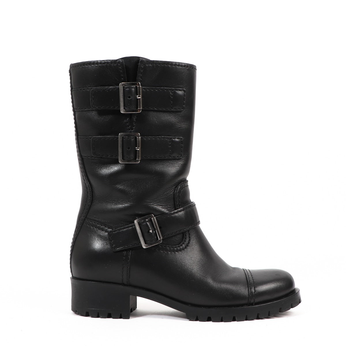 Prada Black Buckle Leather Boots - Size 38