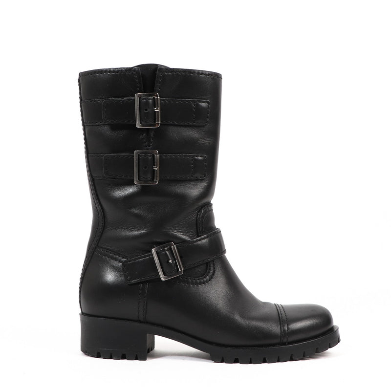 Prada Black Buckle Leather Boots - Size 38