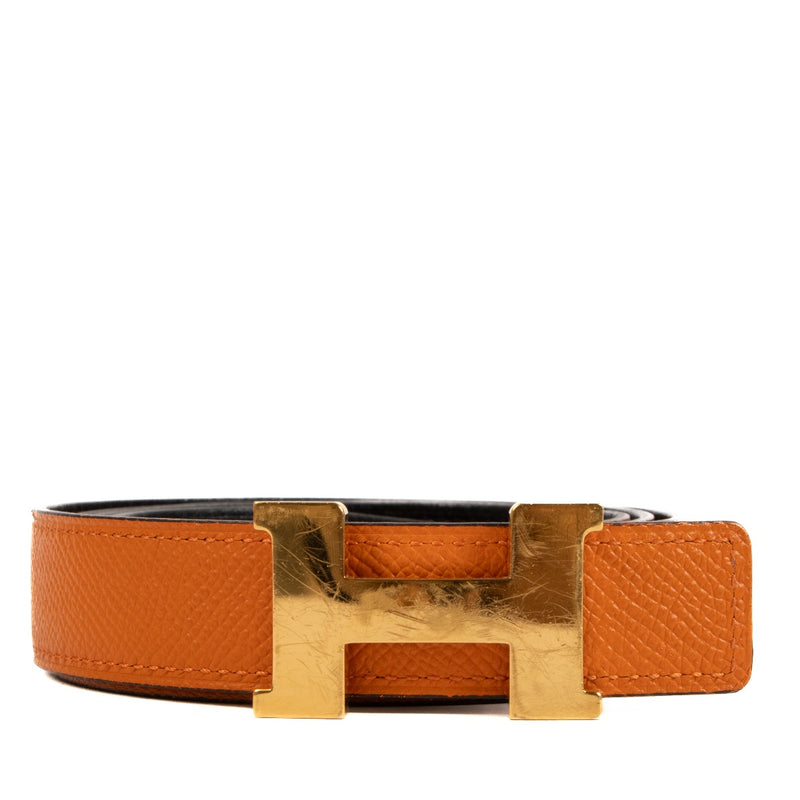 Shop safe online at Labellov in Antwerp, Brussels and Knokke this 100% authentic second hand Hermès Noir/Orange Swift/Epsom Mini Constance 24mm Belt - size 90