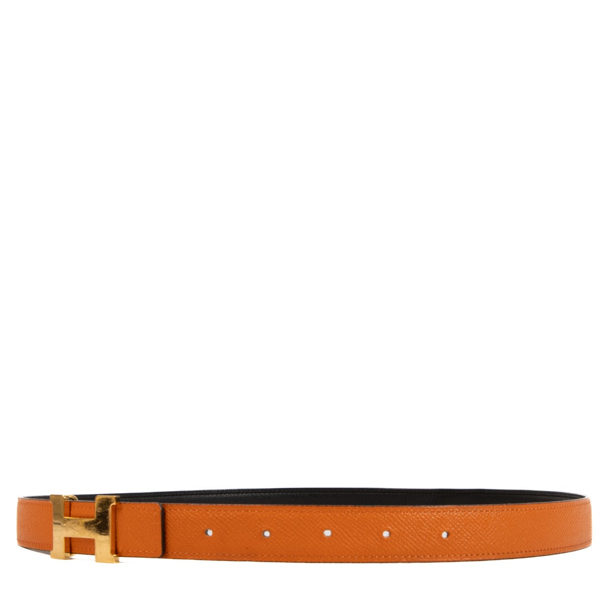 Shop safe online at Labellov in Antwerp, Brussels and Knokke this 100% authentic second hand Hermès Noir/Orange Swift/Epsom Mini Constance 24mm Belt - size 90