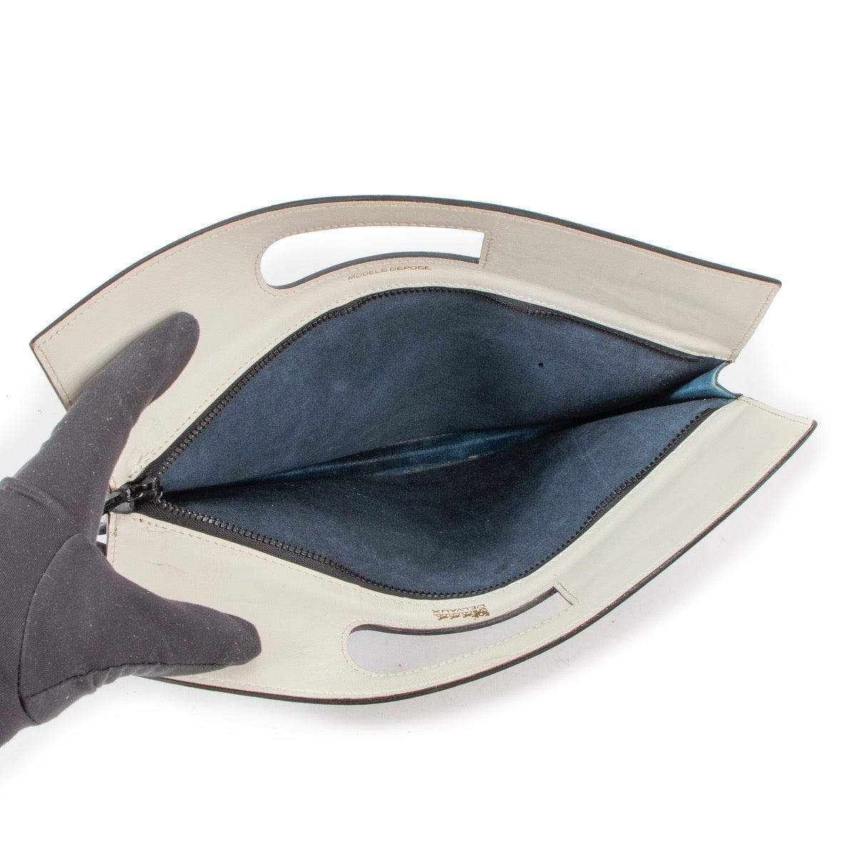 Buy an authentic second hand Delvaux Navy Blue/ White Leather Top Handle in good condition at Labellov