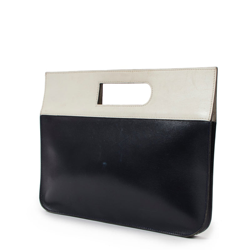 Buy an authentic second hand Delvaux Navy Blue/ White Leather Top Handle in good condition at Labellov