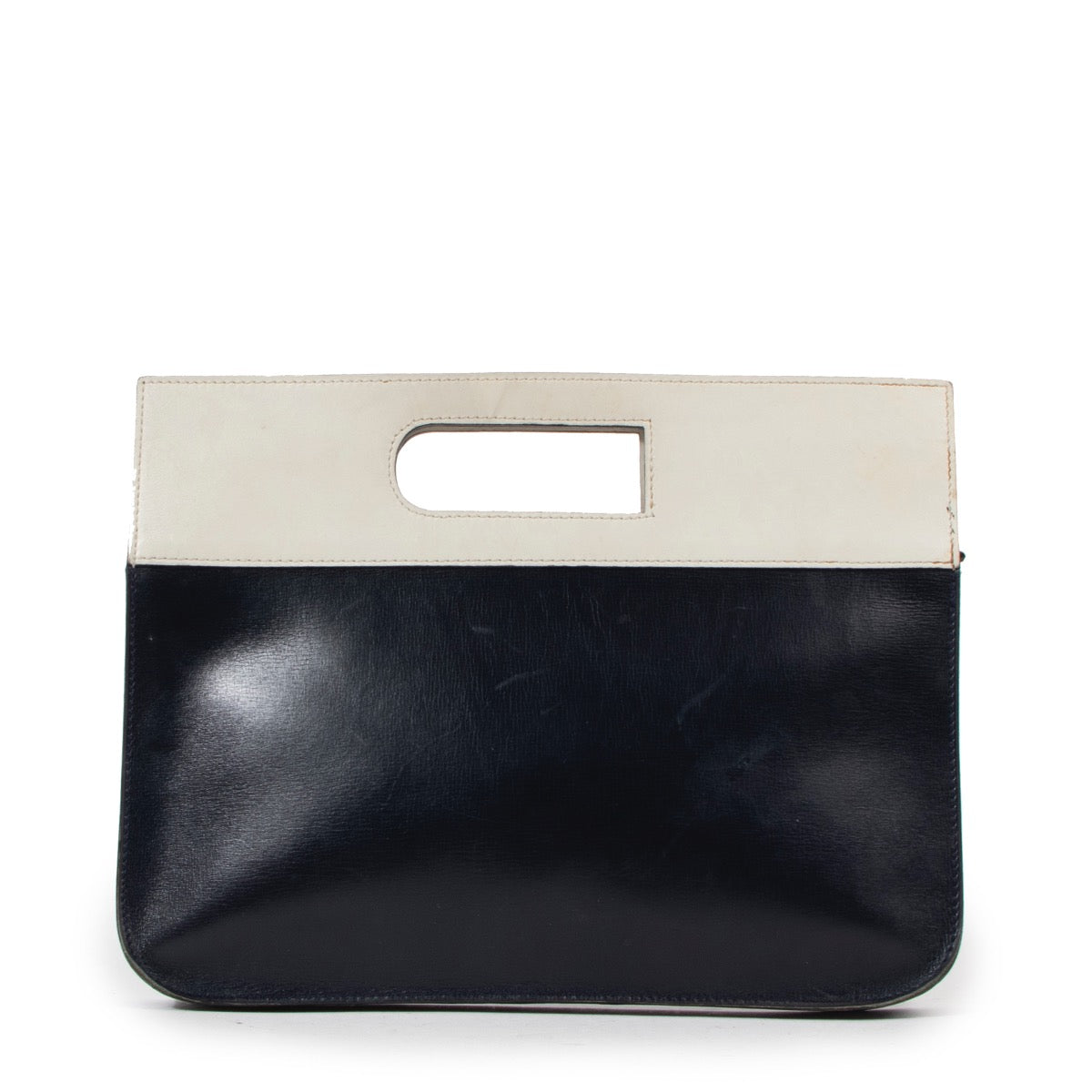 Buy an authentic second hand Delvaux Navy Blue/ White Leather Top Handle in good condition at Labellov