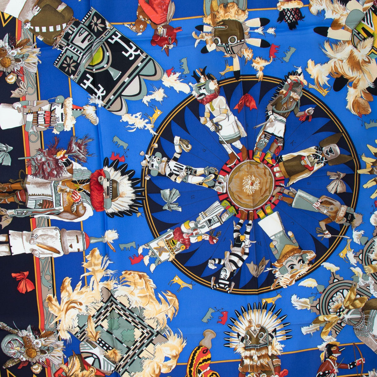 Shop safe online at labellov in Antwerp this 100% authentic second hand Hermès Blue Silk Kachinas Scarf
