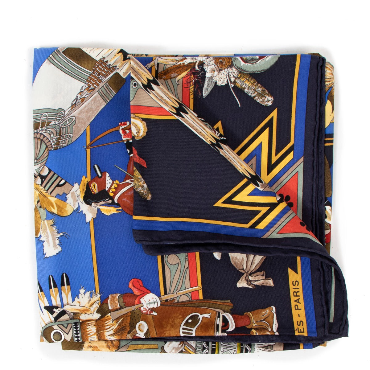 Shop safe online at labellov in Antwerp this 100% authentic second hand Hermès Blue Silk Kachinas Scarf