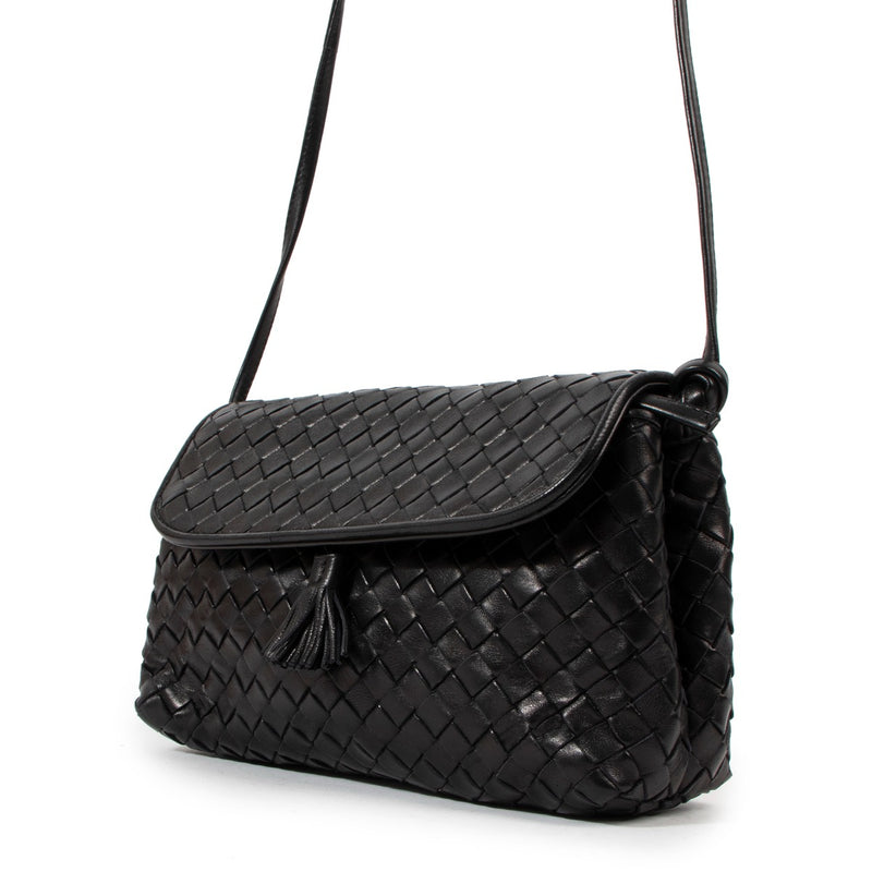 Bottega Veneta Vintage Zwarte Intrecciato Kwastje Crossbodytas