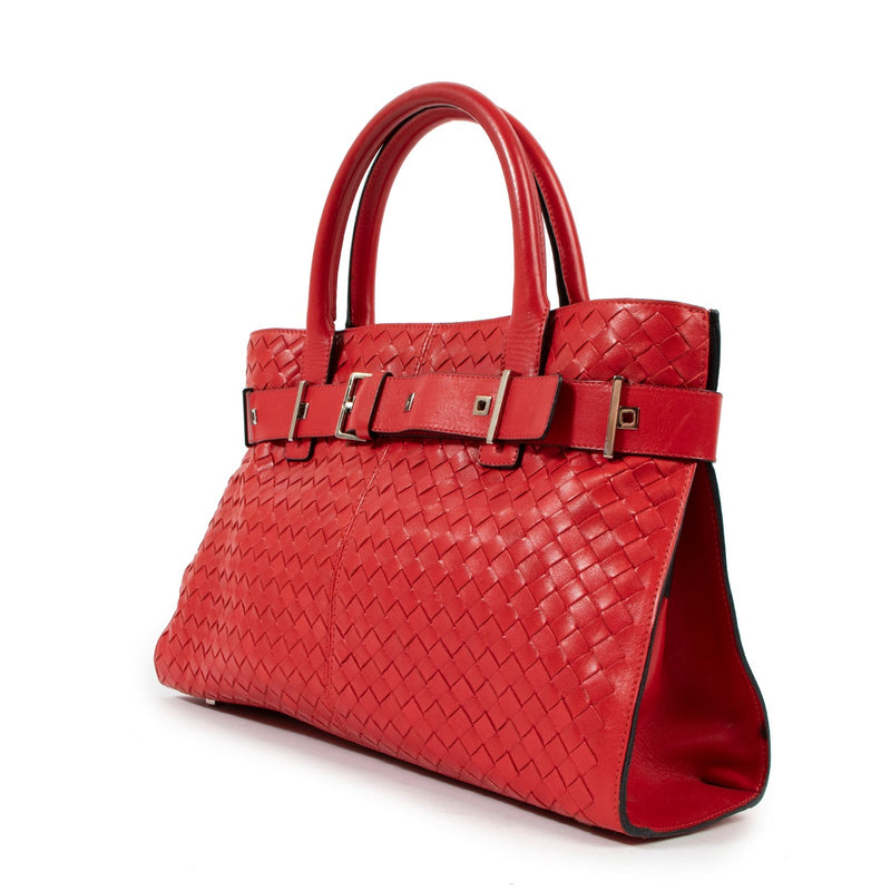 Bottega Veneta Red Intrecciato Belted Tote Bag