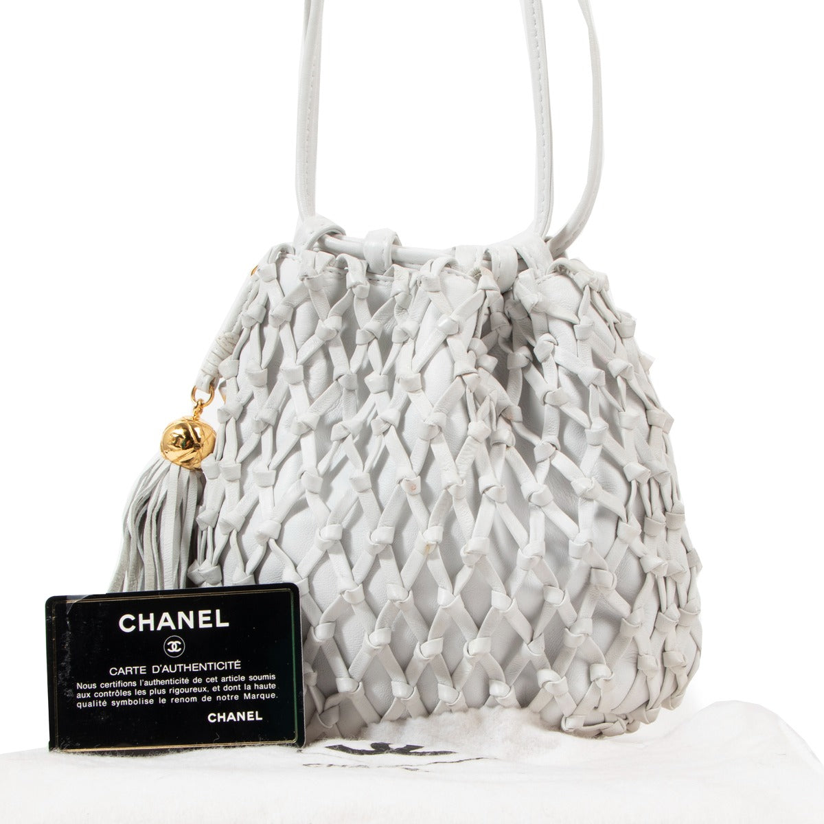 Chanel Vintage White Woven Leather Tassel Bucket Bag