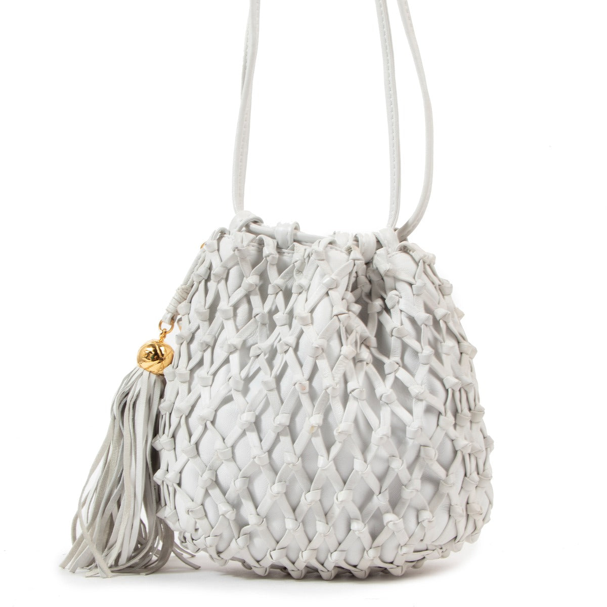 Chanel Vintage White Woven Leather Tassel Bucket Bag