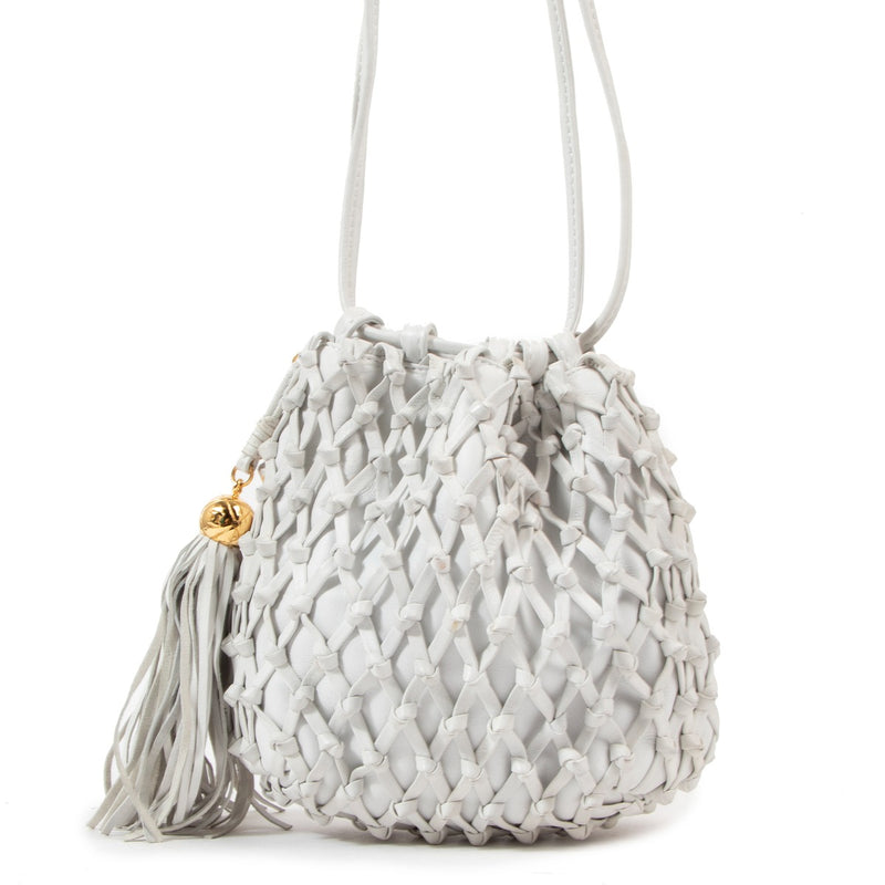 Chanel Vintage White Woven Leather Tassel Bucket Bag