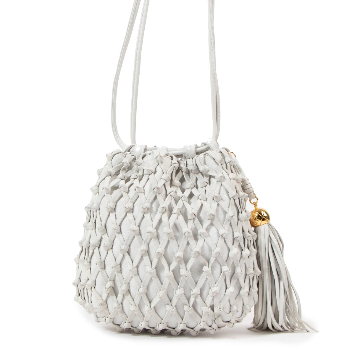 Chanel Vintage White Woven Leather Tassel Bucket Bag