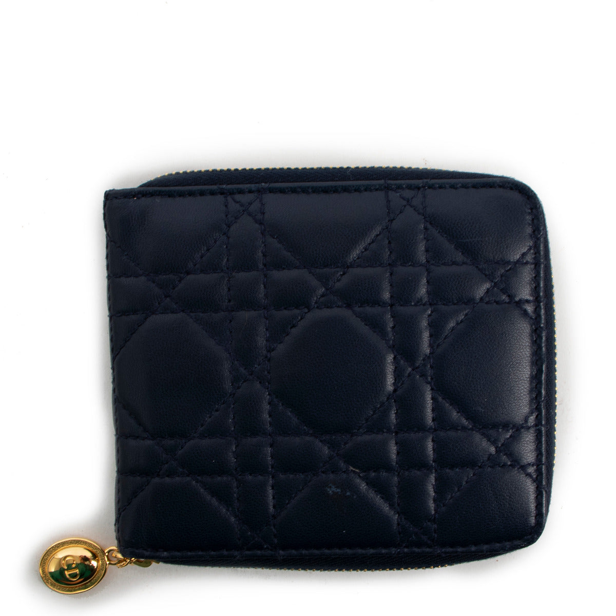 Portefeuille zippé Christian Dior en cuir de veau Cannage bleu marine