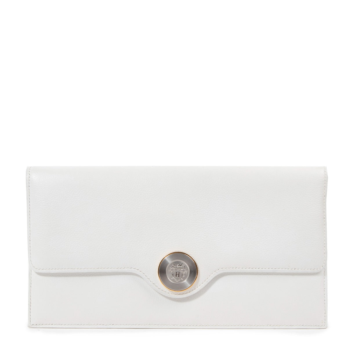 Hermès 1992 Logo Plate White Evergrain Vintage Clutch