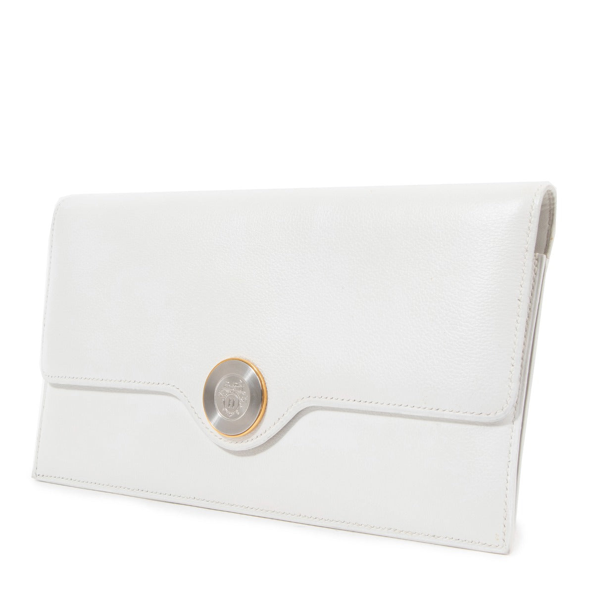 Hermès 1992 Logo Plate White Evergrain Vintage Clutch