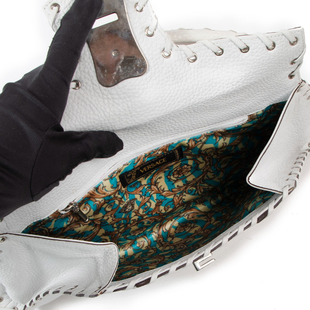 Versace Vintage Witleren Handtas met Sierstiksel