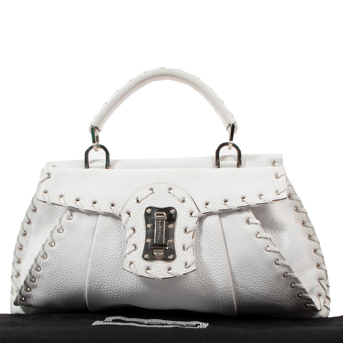 Versace Vintage White Leather Whipstitch Handbag