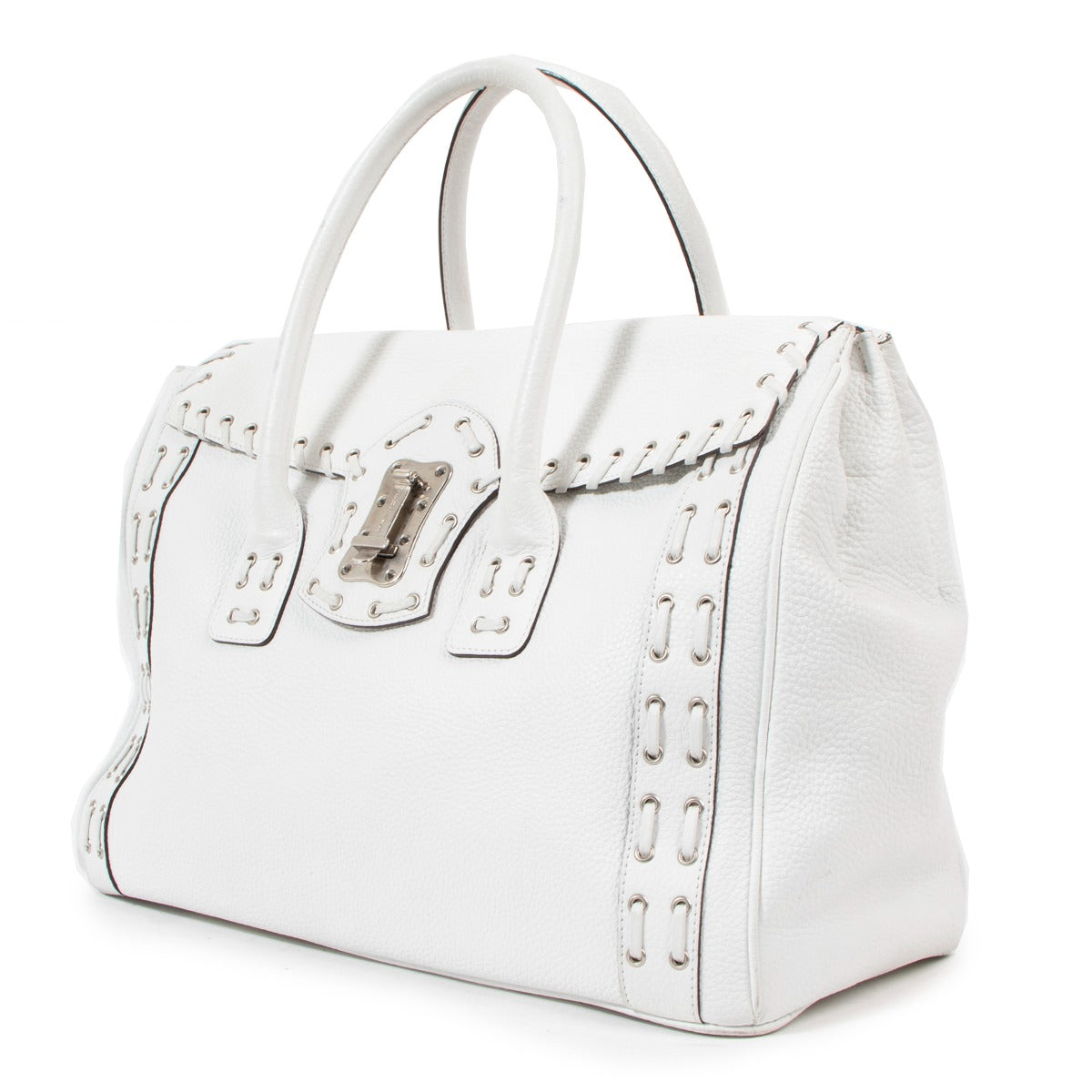 Versace Vintage White Leather Whipstitch Tote Bag