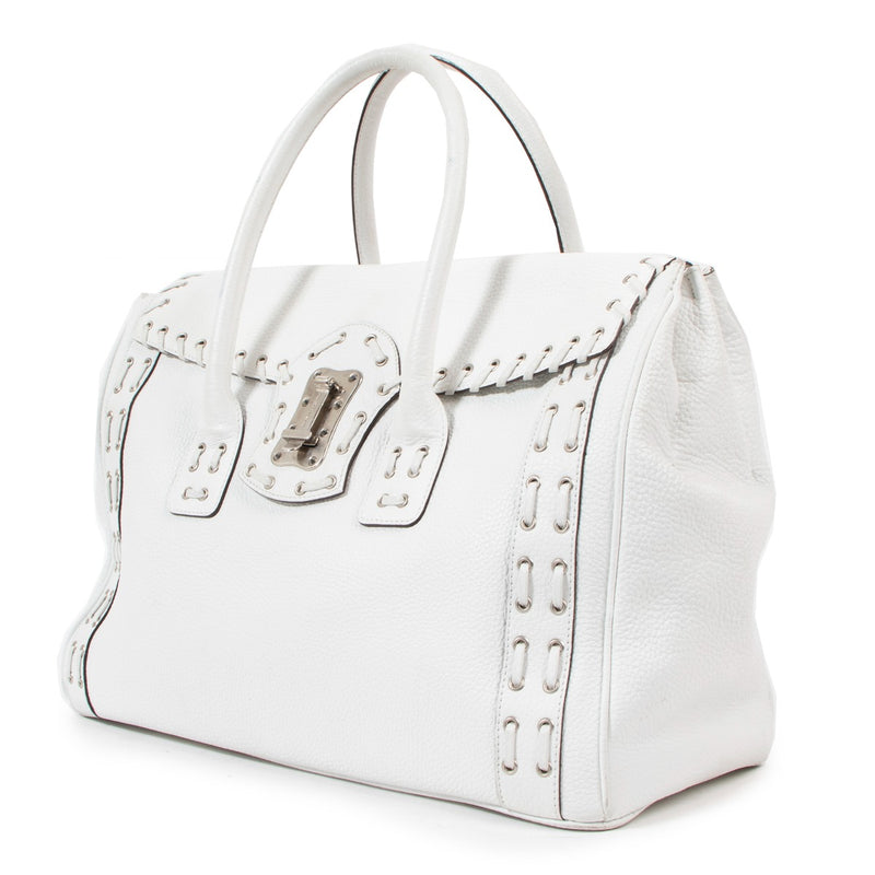Versace Vintage White Leather Whipstitch Tote Bag