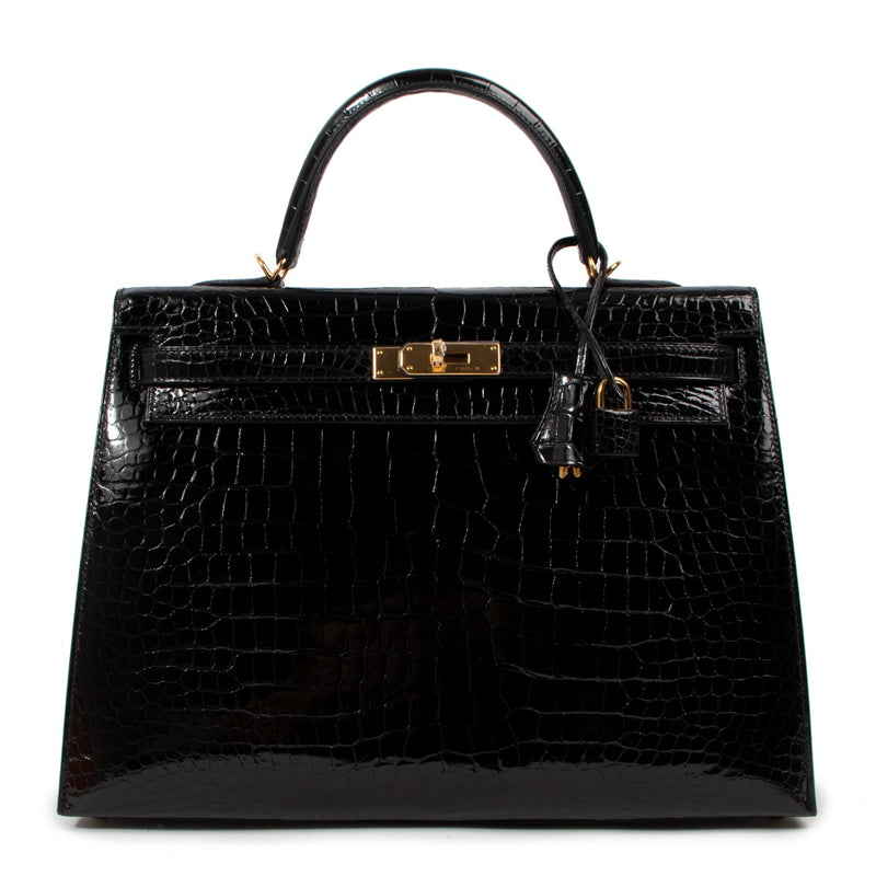 Hermès Kelly 35 Black Shiny Crocodile Porosus GHW