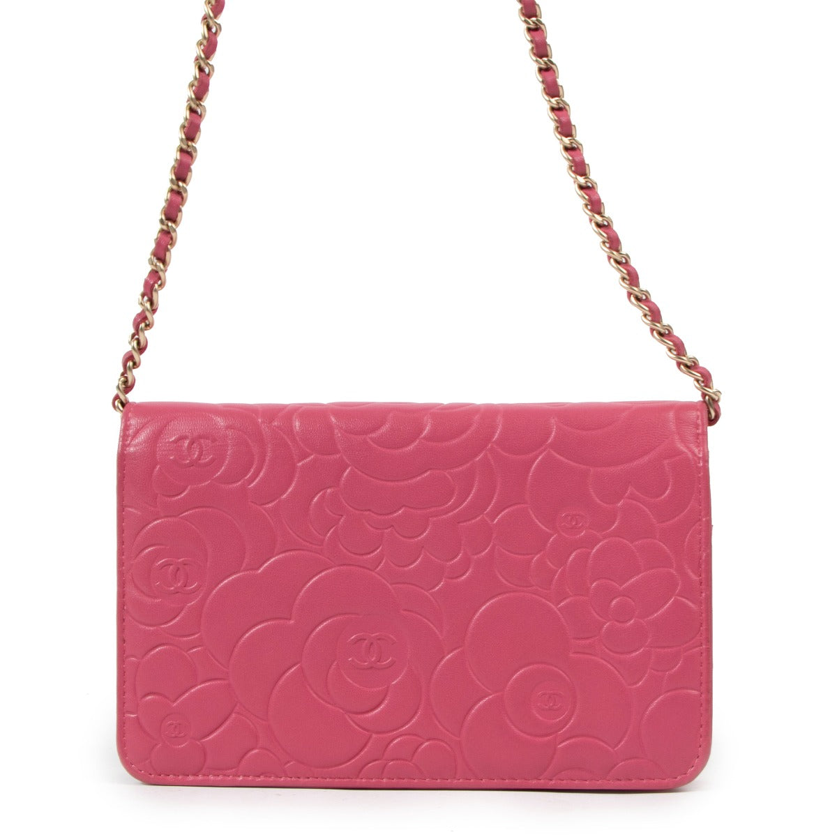 Buy an authentic second hand Chanel Pink Camellia Wallet On Chain in very good condition at Labellov