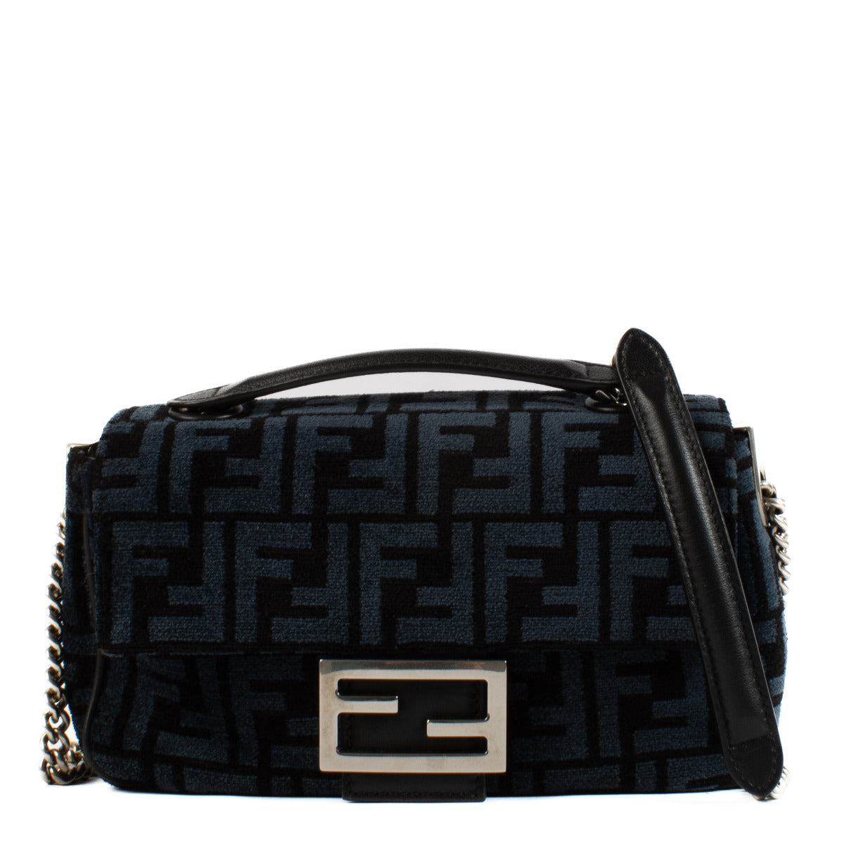 Fendi Black and Blue Velours Baguette Shoulder Bag for the best price at Labellov secondhand luxury in Antwerp and Knokke.