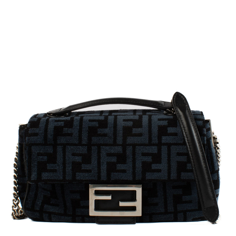 Fendi Black and Blue Velours Baguette Shoulder Bag for the best price at Labellov secondhand luxury in Antwerp and Knokke.