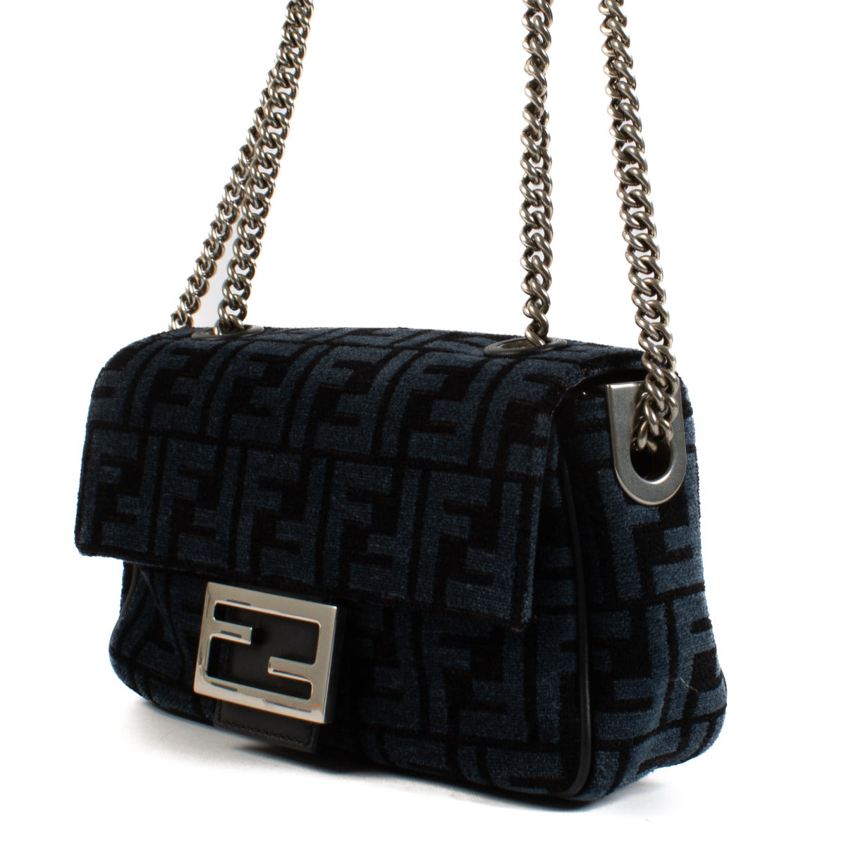 Fendi Black/Blue FF Chenille Baguette Midi Chain Bag