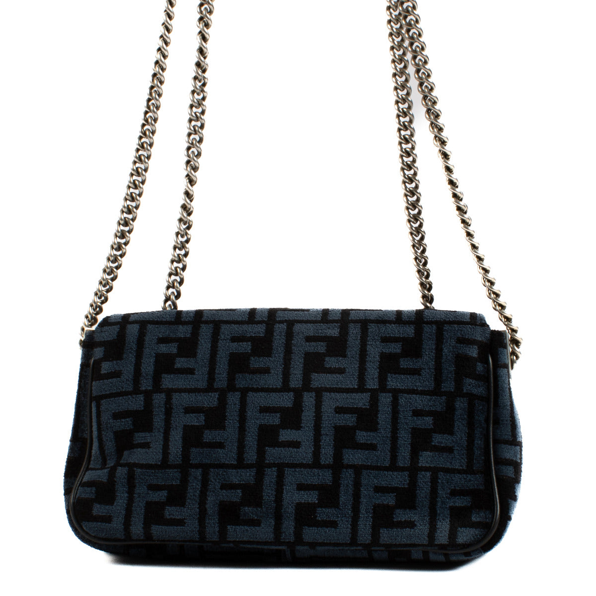Fendi Black/Blue FF Chenille Baguette Midi Chain Bag