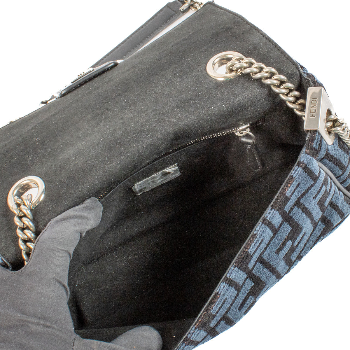 Fendi Black/Blue FF Chenille Baguette Midi Chain Bag