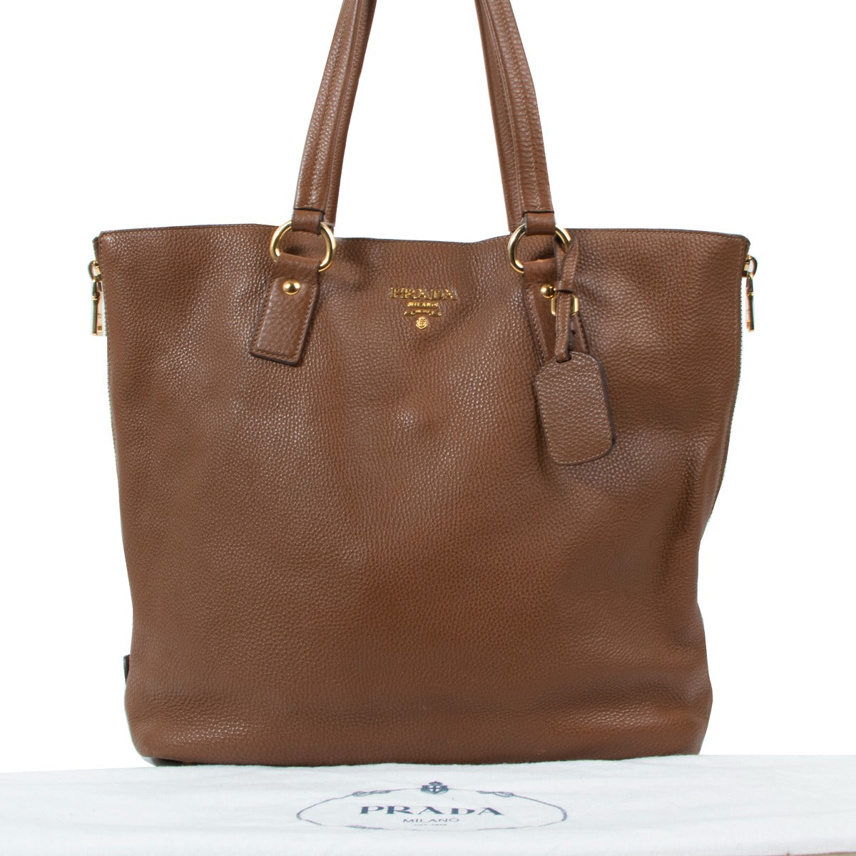Prada Brown Vitello Daino Side Zip Large Tote Bag