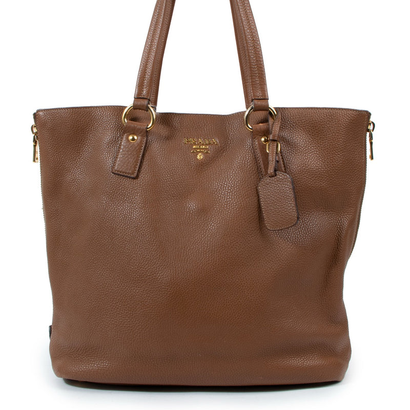 Prada Brown Vitello Daino Side Zip Large Tote Bag