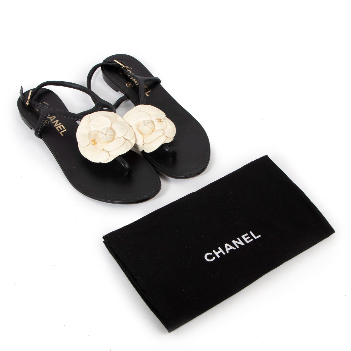 Chanel Beige Camellia Black Flat Sandals