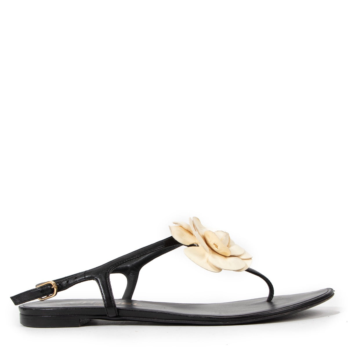 Chanel Beige Camellia Black Flat Sandals