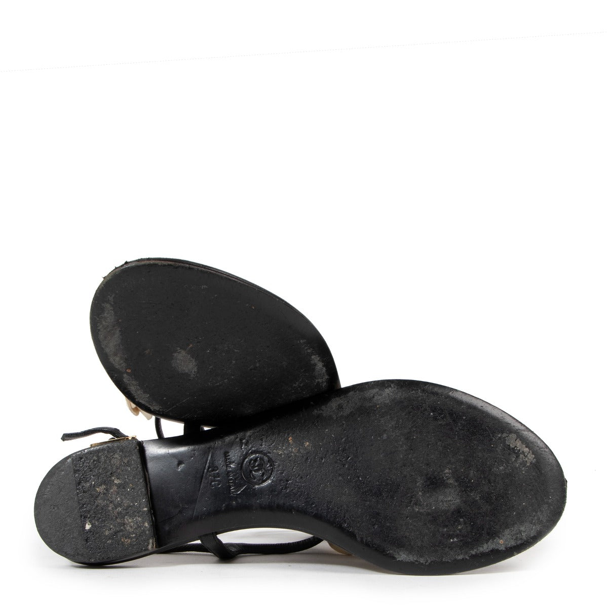 Chanel Beige Camellia Black Flat Sandals - Size 37