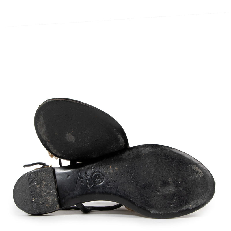 Chanel Beige Camellia Black Flat Sandals - Size 37