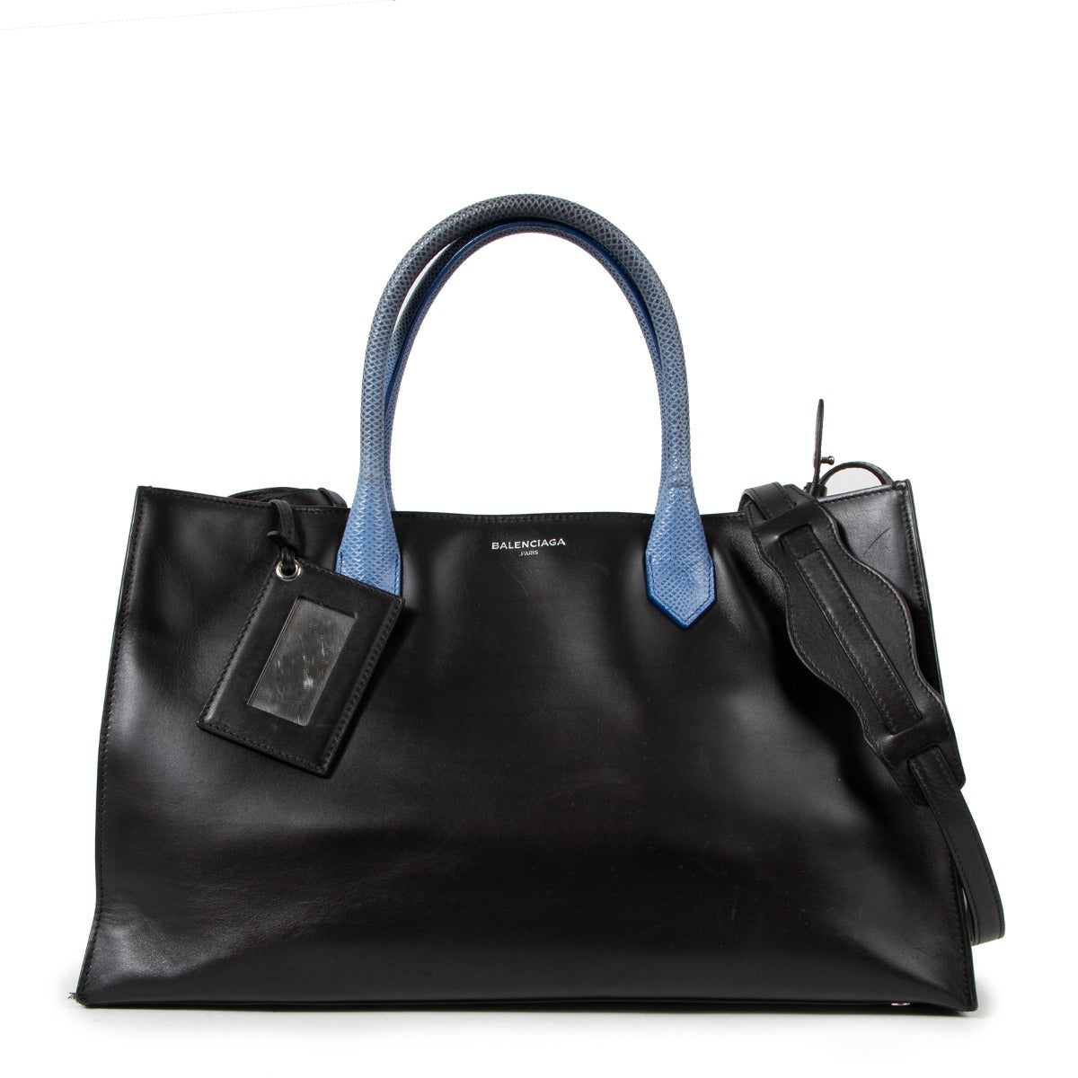 Balenciaga Padlock Work S Bag Black Calfskin & Electric Blue Karung Snake
