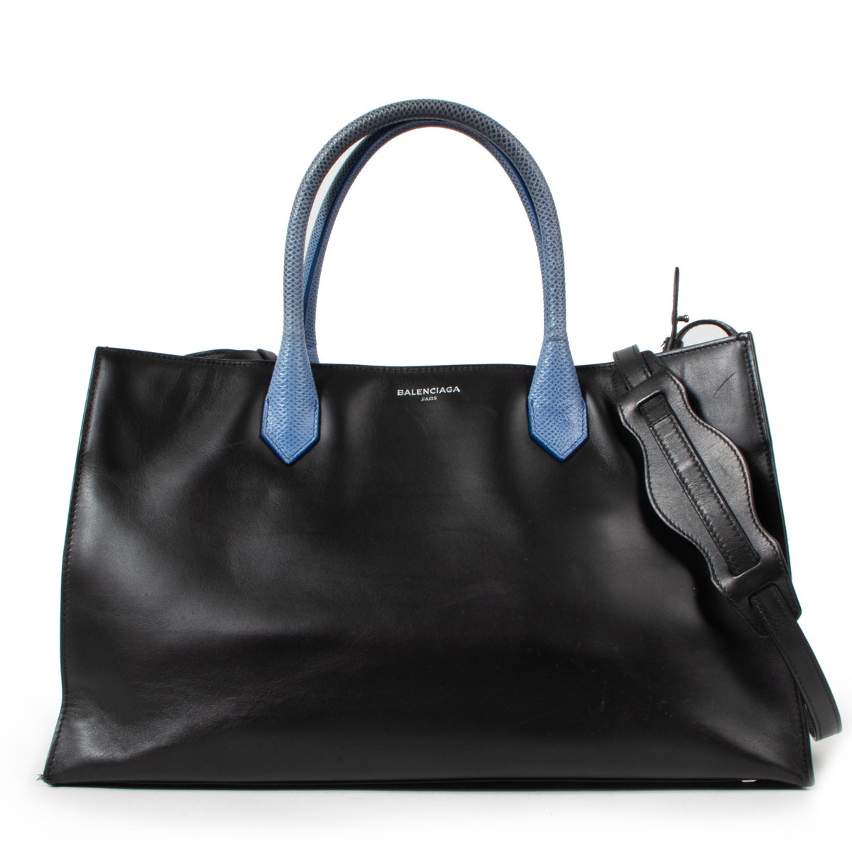 Balenciaga Padlock Work S Bag Black Calfskin & Electric Blue Karung Snake